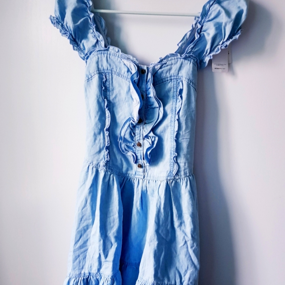 NWT Axes Femme Light Blue Chambray Denim Bustier Button Ruffle Tie Top Tunic